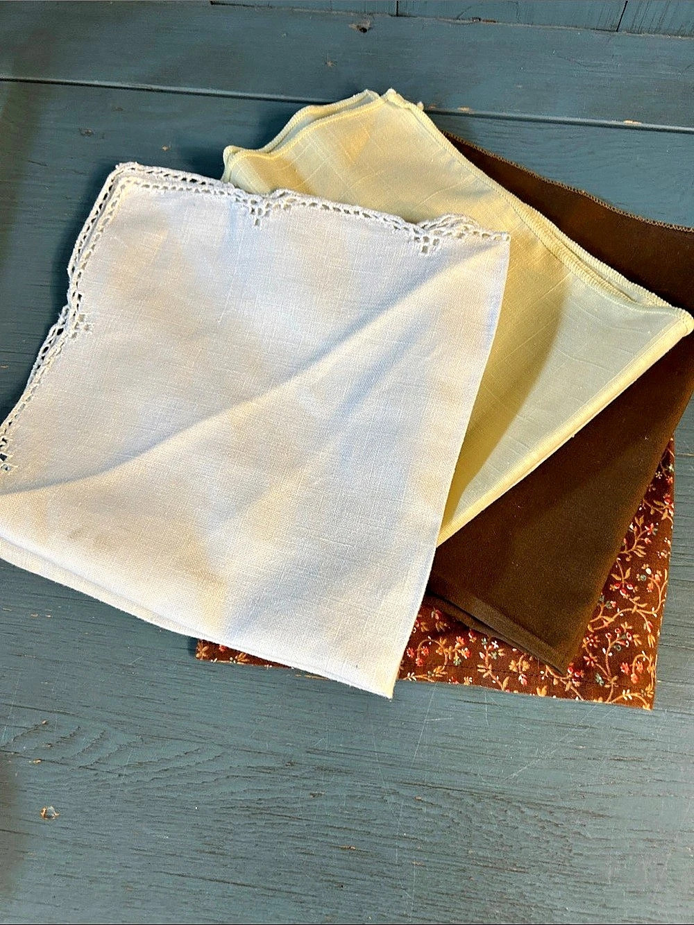Handmade Table Linen Napkins - Set of 4 Brown, Cream, White Lace, Brown Floral